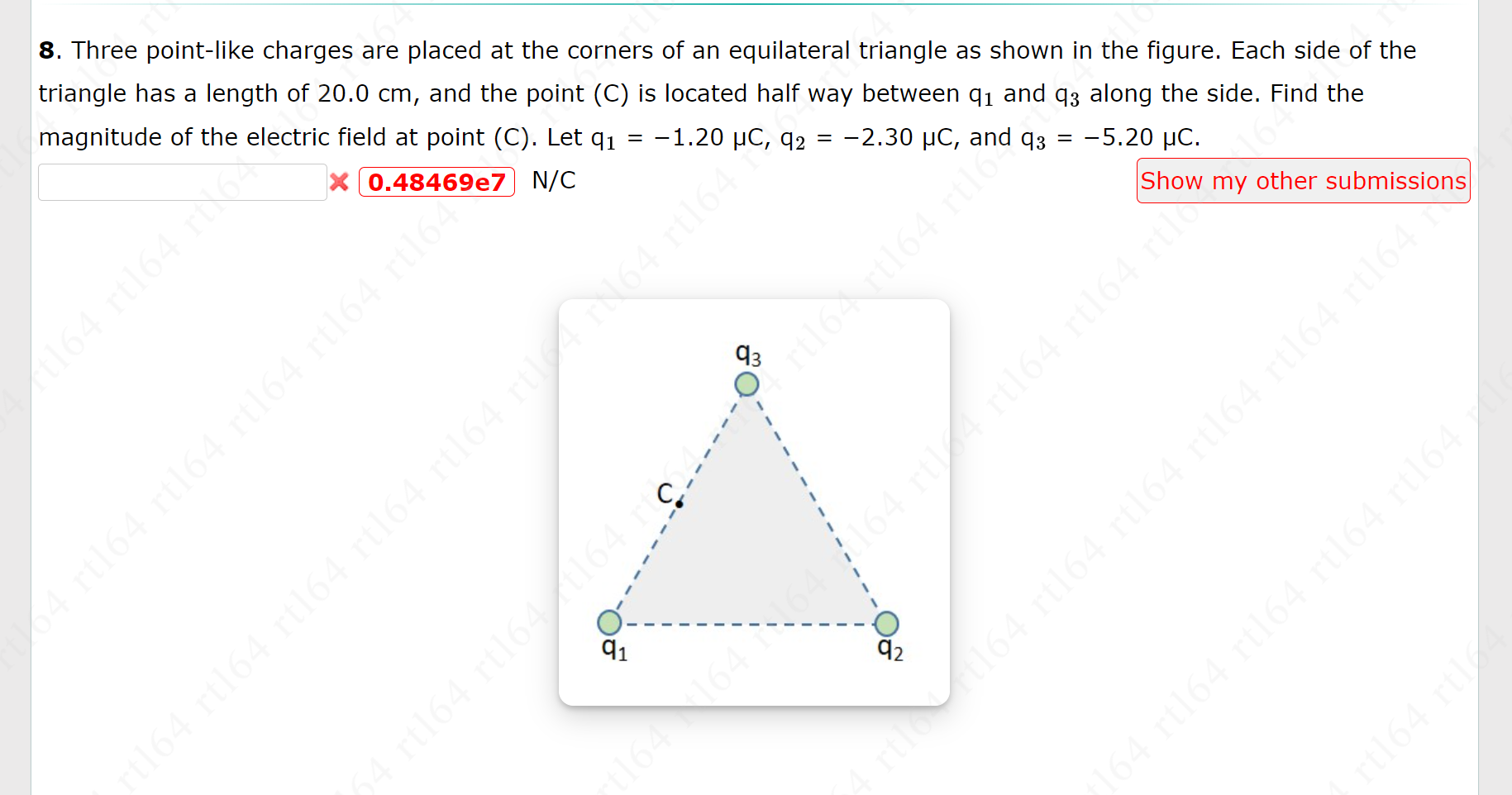 8. Three point-like charges are placed at the corners of an equilateral ...