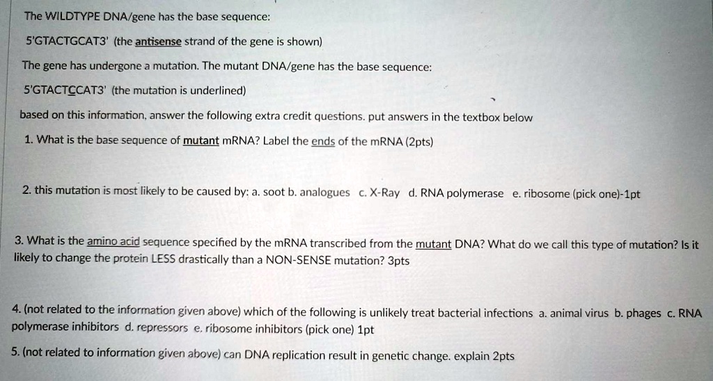 SOLVED: The WILDTYPE DNA/gene has the base sequence: 5'GTACTGCAT3' (the ...