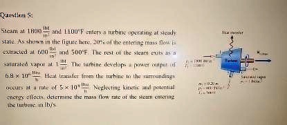 question 5 steam at 1860 lbfin2 and 1100f enters a turbine operating at steady state as shown in the figure here 20 of the entering mass flow is extracted at 600 ft2min and 500f the rest of  74997