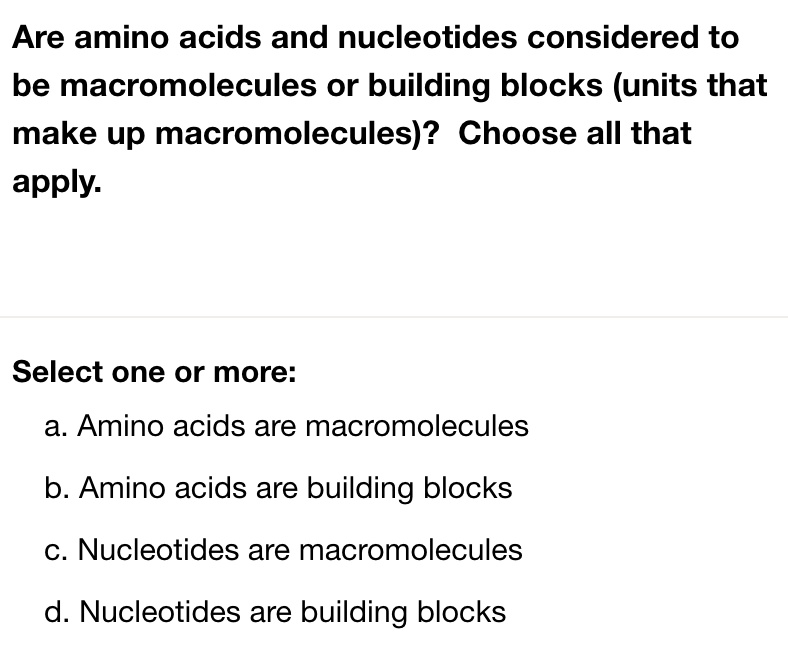 SOLVED Are amino acids and nucleotides considered to be macromolecules or building blocks