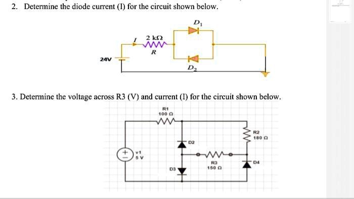 Diode R1 Vs R3 2. Determine the diode current (I) for the circuit shown below. Di 2 k ...