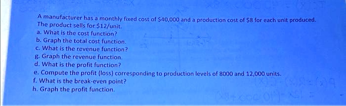 SOLVED: The product sells for 12/unit. a.What is the cost function? b ...