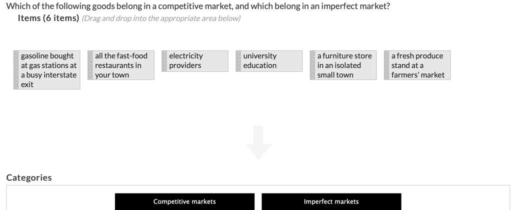 Which of the following goods belong in a competitive market, and which belong in an imperfect market?
Items (6 items) (Drag and drop into the appropriate area below)
gasoline bought
at gas stations at
a busy interstate
exit
all the fast-food
restaurants in
your town
electricity
providers
university
education
a furniture store
in an isolated
small town
a fresh produce
stand at a
farmers' market
Categories
Competitive markets
Imperfect markets