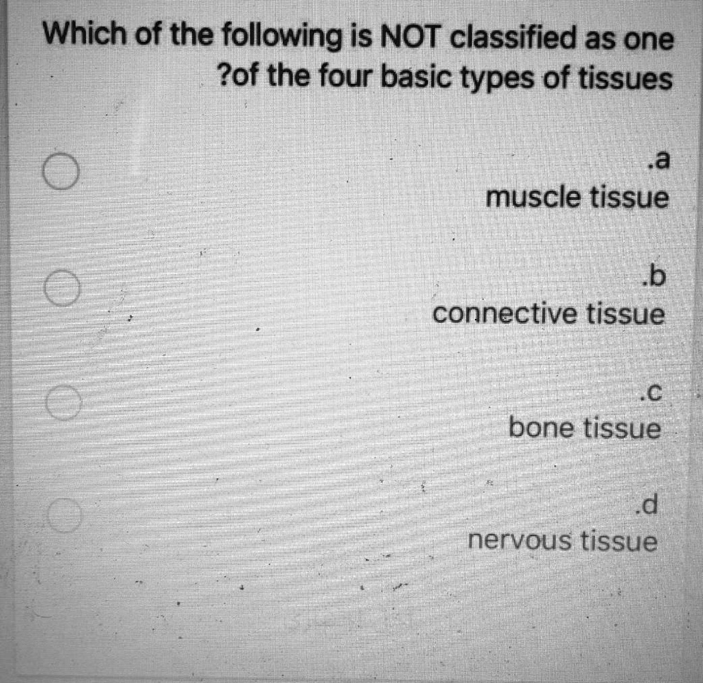 Which of the following is NOT classified as one ?of the four basic types of tissues
.a muscle tissue
.b connective tissue
.c bone tissue
.d nervous tissue
