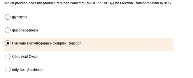 Which process does not produce reduced cofactors (NADH or FADH2) for Electron Transport Chain to use?
glycolysis
gluconeogenesis
Pyruvate Dehydrogenase Complex Reaction
Citric Acid Cycle
fatty Acid ?-oxidation