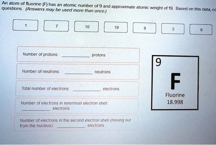 SOLVED: Anatom of fluorine (F) has an atomic number of 9 and questions ...