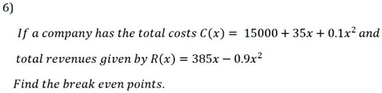 Solved: 6) If A Company Has The Total Costs C(x) = 15000 + 35x + 0.1x2 