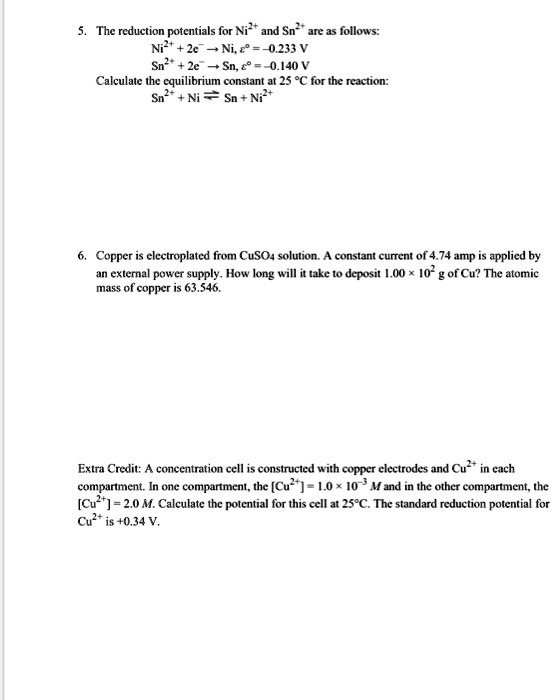 SOLVED The reduction potentials for Ni2+ and Sn2+ are as follows Ni2