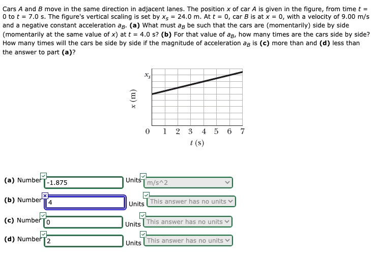Cars A and B move in the same direction in adjacent lanes. The position x of car A is given in the figure, from time t = 0 to t = 7.0 s. The figure's vertical scaling is set by xs = 24.0 m. At t = 0, car B is at x = 0, with a velocity of 9.00 m/s and a negative constant acceleration aB. (a) What must aB be such that the cars are (momentarily) side by side (momentarily at the same value of x) at t = 4.0 s? (b) For that value of aB, how many times are the cars side by side? How many times will the cars be side by side if the magnitude of acceleration aB is (c) more than and (d) less than the answer to part (a)?