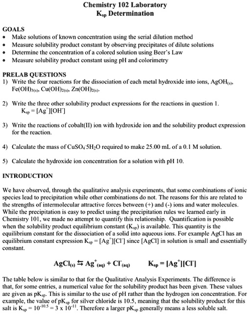 SOLVED: Chemistry [02 Laboratory Ksp Determination GOALS: Make ...