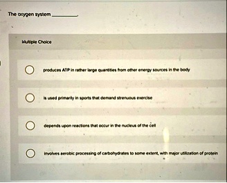 the oxygen system  multiple choice produces atp in rather large quantities from other energy sources in the body is used primarily in sports that demand strenuous exercise depends upo 22114