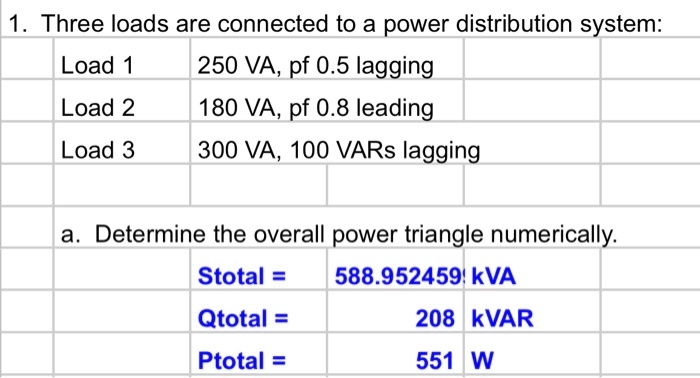 1. Three loads are connected to a power distribution system: Load 1 250 ...