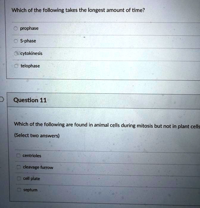 SOLVED: Which of the following takes the longest amount of time? prophase S-phase cytokinesis telophase Question 11 Which of the following are found in animal cells during mitosis but not in plant SOLVED: Which of the following takes the longest amount of time? prophase S-phase cytokinesis telophase Question 11 Which of the following are found in animal cells during mitosis but not in plant