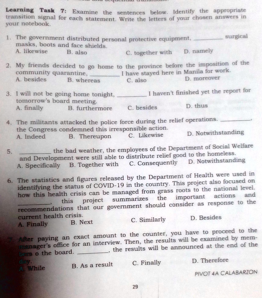 english learning task 8 in your notebook identify the function of each ...