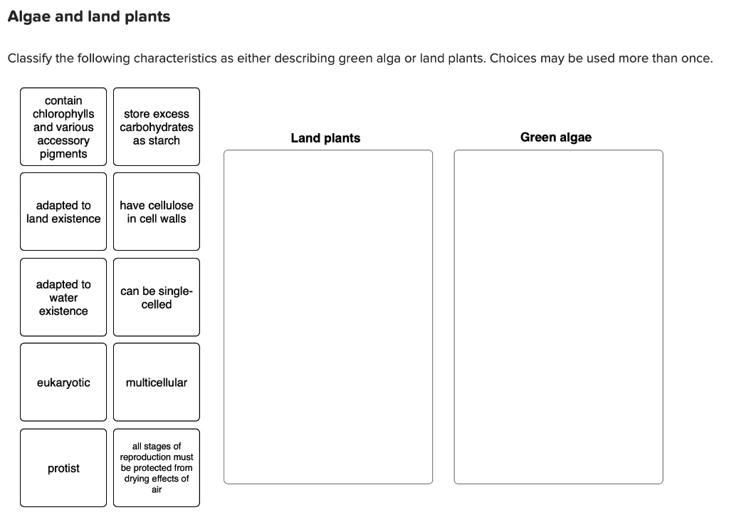 Solved Algae And Land Plants Classify The Following Characteristics As