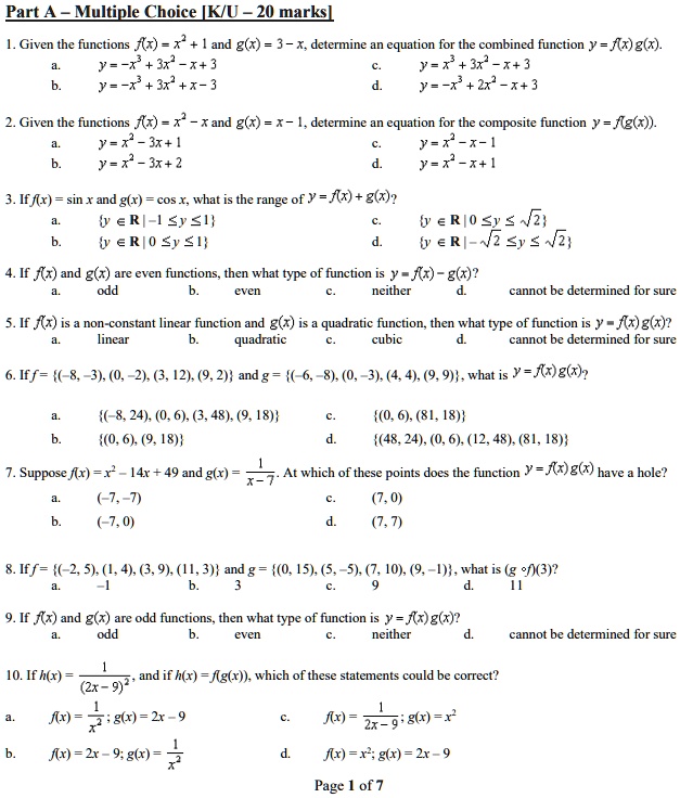 Solved Parta Multiple Choice Kkiu 2lmarksl Given The Functions Xr X And G6 3 X Determine An Equation For The Combined Function Y Fx G X 7 Y R 7 Y