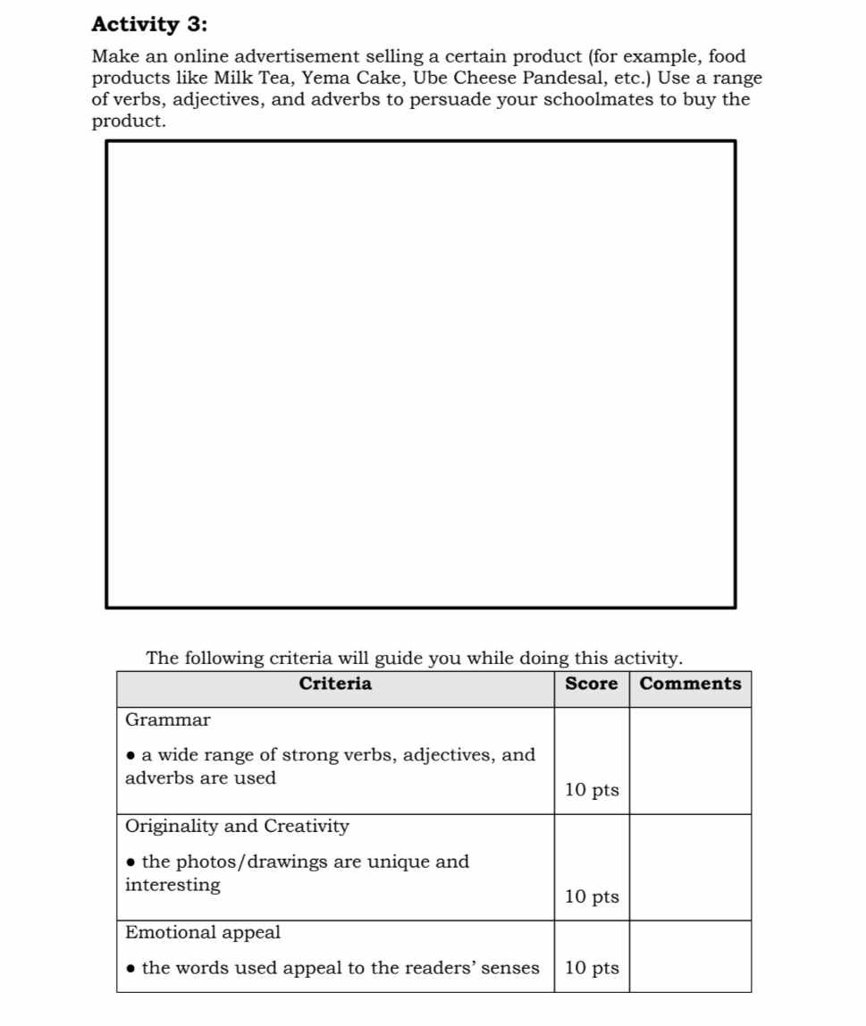 SOLVED Activity 3 Make an online advertisement selling a certain product (for example, food