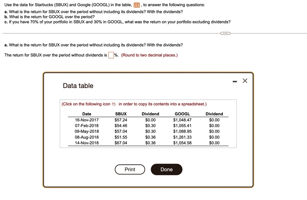 Sbx Table SOLVED: Texts: Use the data for Starbucks (SBUX) and Google (GOOGL) in ...