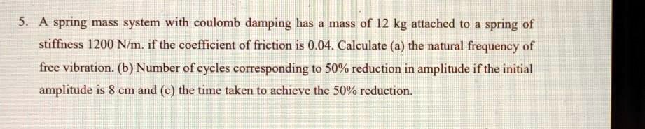 5. A spring mass system with coulomb damping has a mass of 12 kg ...