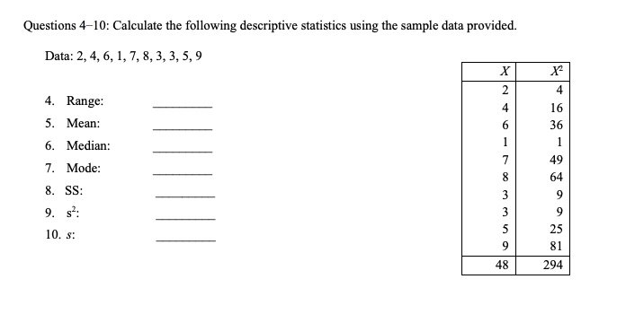 Questions 4-10: Calculate the following descriptive statistics using the sample data provided.
Data: 2, 4, 6, 1, 7, 8, 3, 3, 5, 9

4. Range:
5. Mean:
6. Median:
7. Mode:
8. SS:
9. s2:
10. s:

X | X2
2 | 4
4 | 16
6 | 36
1 | 1
7 | 49
8 | 64
3 | 9
3 | 9
5 | 25
9 | 81
48 | 294