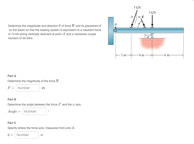 Determine the magnitude and direction ? of force F and its placement d on the beam so that the loading system is equivalent to a resultant force of 12 kN acting vertically downward at point A and a clockwise couple moment of 50 kNm.
Part A
Determine the magnitude of the force F.
F = Number kN
Part B
Determine the angle between the force F and the x axis.
Angle = Number °
Part C
Specify where the force acts, measured from end A.
d = Number m