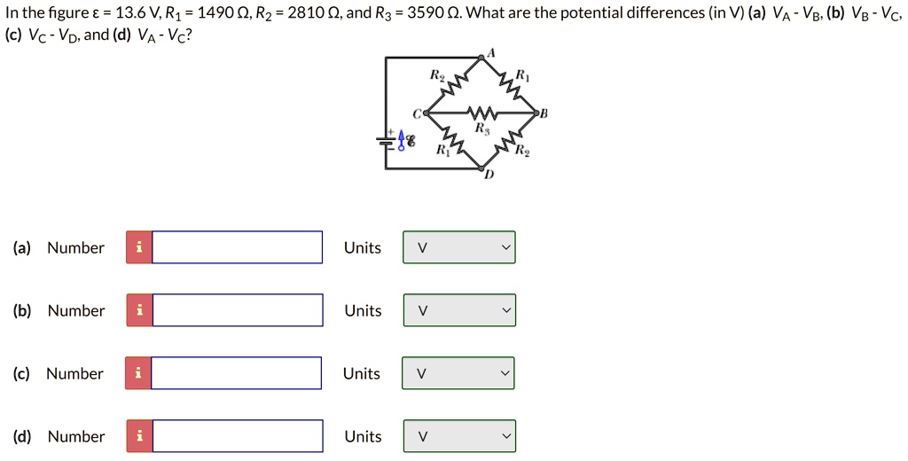 SOLVEDIn the figure â‚¬ 13.6V,R1 14900,R2 28100, and R3 3590 0. What are the potential