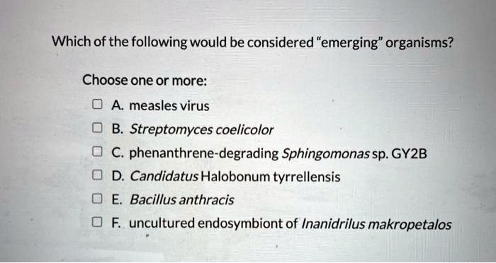 Which of the following would be considered "emerging" organisms?

Choose one or more:

A. measles virus
B. Streptomyces coelicolor
C. phenanthrene-degrading Sphingomonas sp. GY2B
D. Candidatus Halobonum tyrrellensis
E. Bacillus anthracis
F. uncultured endosymbiont of Inanidrilus makropetalos