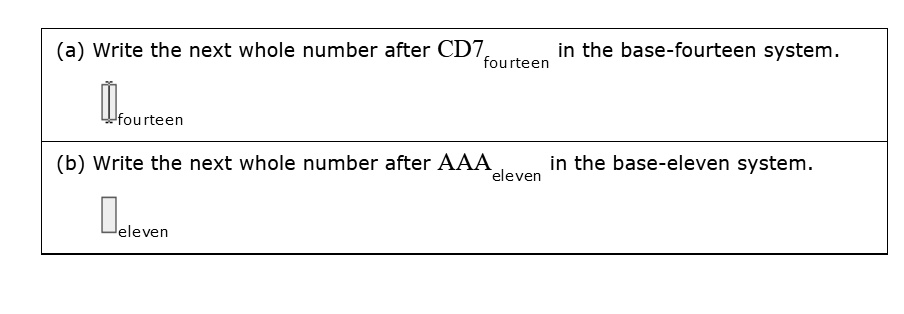 (a) Write the next whole number after CD7fourteen in the base-fourteen system.
fourteen
(b) Write the next whole number after AAAeleven in the base-eleven system.
eleven