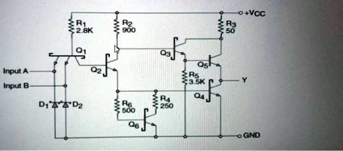 R1
2.8K
R2
900
01
Input A
Q2
Input B
D1 D2
R6
500
Q6
R3
50
+VCC
03
R4
250
ask
R5
3.5K
Q4
Y
GND