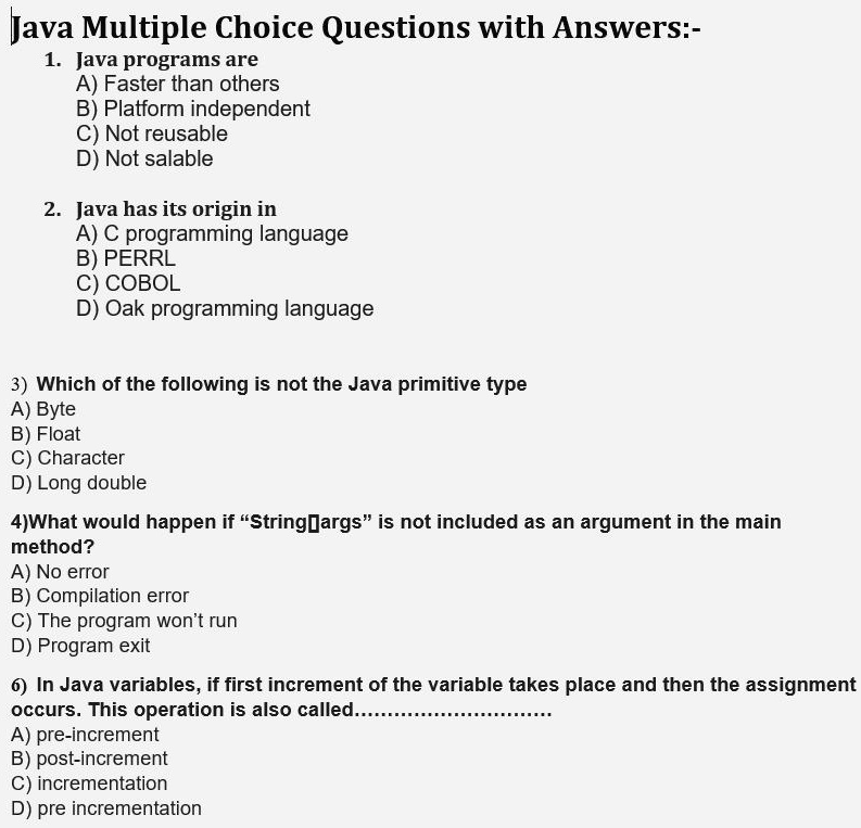 SOLVED: Java Multiple Choice Questions With Answers:- 1.Java Programs ...