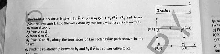 Question 3: A force is given by F⃗(x, y) = k1xyî + k2xz^2ĵ (k1 and k2 are positive constants). Find the work done by this force when a particle moves:
a) from O to A,
b) from A to B,
c) from O to C,
d) from C to B, along the four sides of the rectangular path shown in the figure.
e) Find the relationship between k1 and k2 if F⃗ is a conservative force.