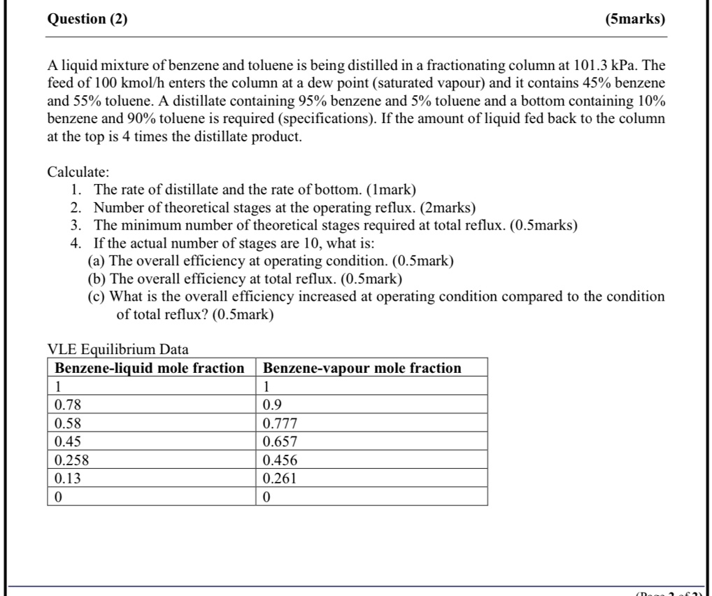 Question (2)
(5marks)
A liquid mixture of benzene and toluene is being distilled in a fractionating column at 101.3 kPa. The
feed of 100 kmol/h enters the column at a dew point (saturated vapour) and it contains 45% benzene
and 55% toluene. A distillate containing 95% benzene and 5% toluene and a bottom containing 10%
benzene and 90% toluene is required (specifications). If the amount of liquid fed back to the column
at the top is 4 times the distillate product.
Calculate:
1. The rate of distillate and the rate of bottom. (1mark)
2. Number of theoretical stages at the operating reflux. (2marks)
3. The minimum number of theoretical stages required at total reflux. (0.5marks)
4. If the actual number of stages are 10, what is:
(a) The overall efficiency at operating condition. (0.5mark)
(b) The overall efficiency at total reflux. (0.5mark)
(c) What is the overall efficiency increased at operating condition compared to the condition
of total reflux? (0.5mark)
VLE Equilibrium Data
Benzene-liquid mole fraction Benzene-vapour mole fraction
1
1
0.78
0.9
0.58
0.777
0.45
0.657
0.258
0.456
0.13
0.261
0
0