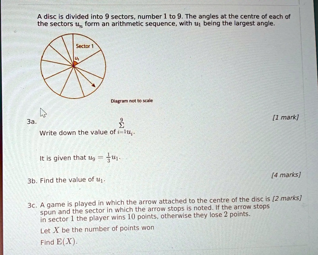 The disc is divided into 9 sectors, numbered 1 to 9. The angles at the ...