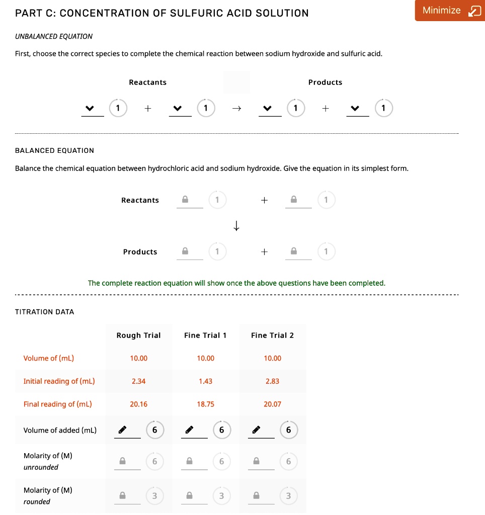 SOLVED PART C CONCENTRATION OF SULFURIC ACID SOLUTION Minimize