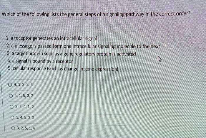 Which of the following lists the general steps of a signaling pathway in the correct order?

1. a receptor generates an intracellular signal
2. a message is passed form one intracellular signaling molecule to the next
3. a target protein such as a gene regulatory protein is activated
4. a signal is bound by a receptor
5. cellular response (such as change in gene expression)

4, 1, 2, 3, 5
4, 1, 5, 3, 2
3, 5, 4, 1, 2
1, 4, 5, 3, 2
3, 2, 5, 1, 4