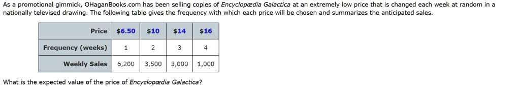 As a promotional gimmick, OHaganBooks.com has been selling copies of Encyclopædia Galactica at an extremely low price that is changed each week at random in a nationally televised drawing. The following table gives the frequency with which each price will be chosen and summarizes the anticipated sales.
Price 6.5010 1416
Frequency (weeks) 1 2 3 4
Weekly Sales 6,200 3,500 3,000 1,000
What is the expected value of the price of Encyclopædia Galactica?