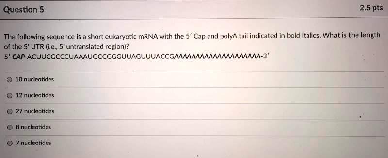 SOLVED: The following sequence is a short eukaryotic mRNA with the 5 ...