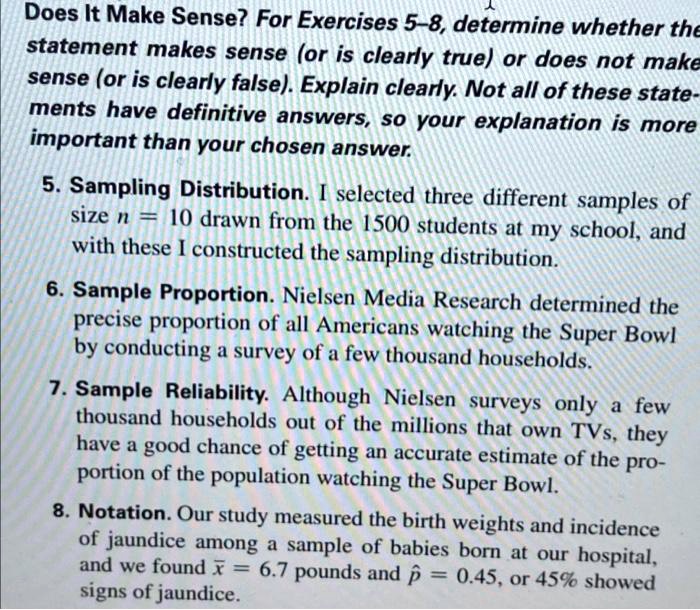 SOLVED: Does It Make Sense? For Exercises 5-8, determine whether the ...