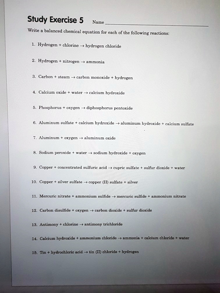 SOLVED Study Exercise 5 Name Write balanced chemical equations for each of the following