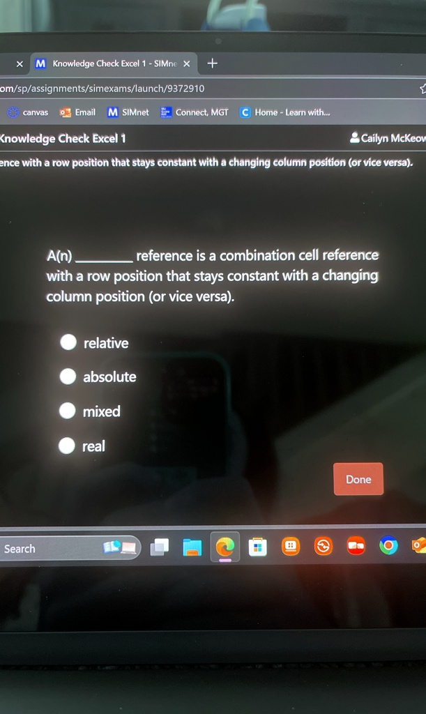 A(n) reference is a combination cell reference with a row position that ...