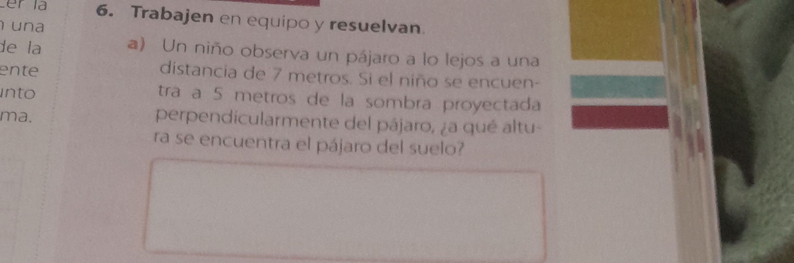 6. Trabajen en equipo y resuelvan.
a) Un niño observa un pájaro a lo lejos a una distancía de 7 metros. Si el niño se encuentra a 5 metros de la sombra proyectada perpendicularmente del pajaro, ja qué altura se encuentra el pajaro del suelo?