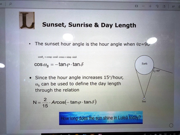 SOLVED + AN Sunset, Sunrise Day Length The sunset hour angle is the hour angle when Oz=9u cos
