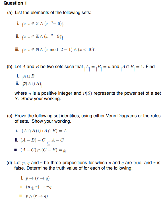 SOLVED: Question 1 (a) List The Elements Of The Following Sets: I. {x ...