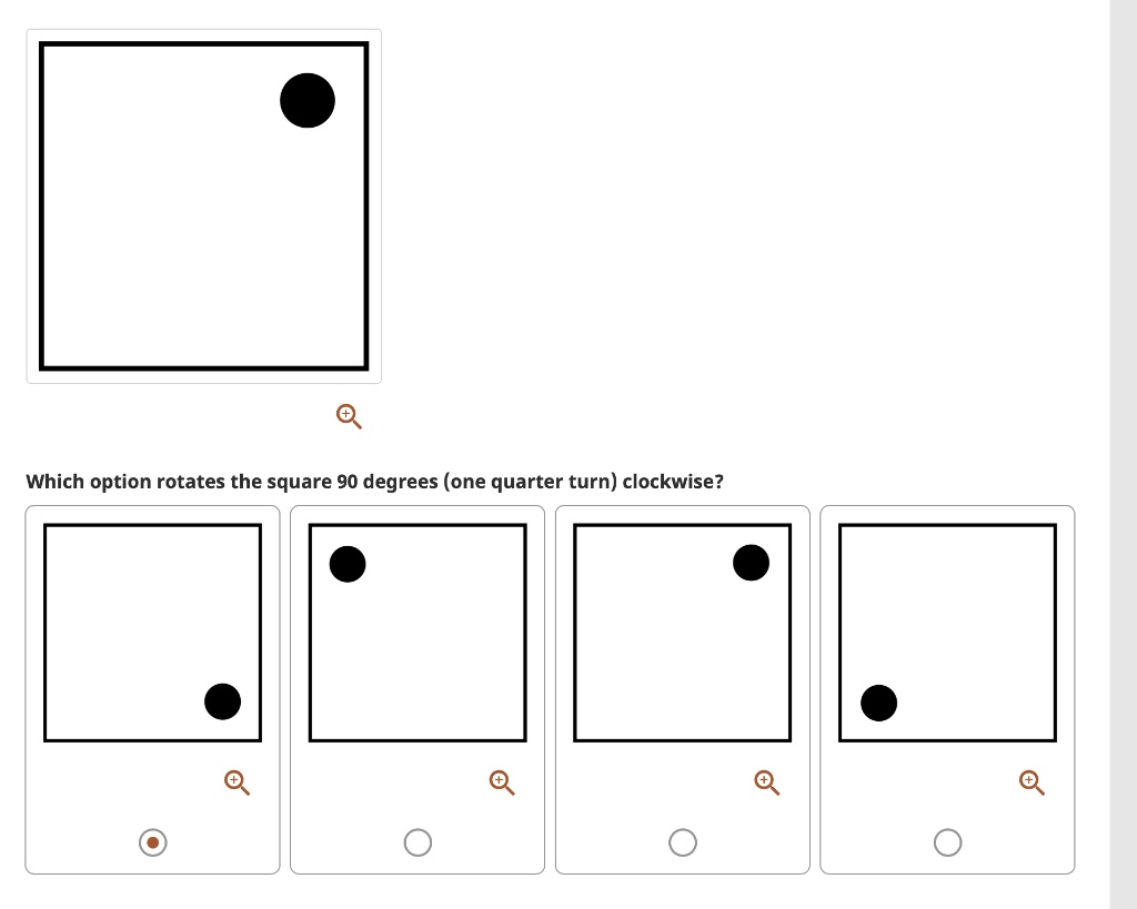 Which option rotates the square 90 degrees one quarter turn clockwise