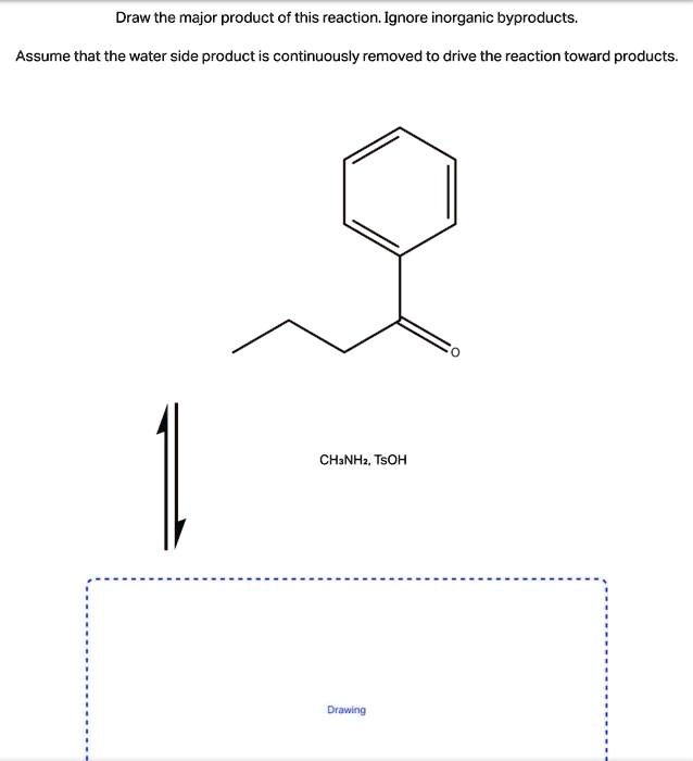 Draw the major product of this reaction. Ignore inorganic byproducts.
Assume that the water side product is continuously removed to drive the reaction toward products.

CH3NH2, TsOH