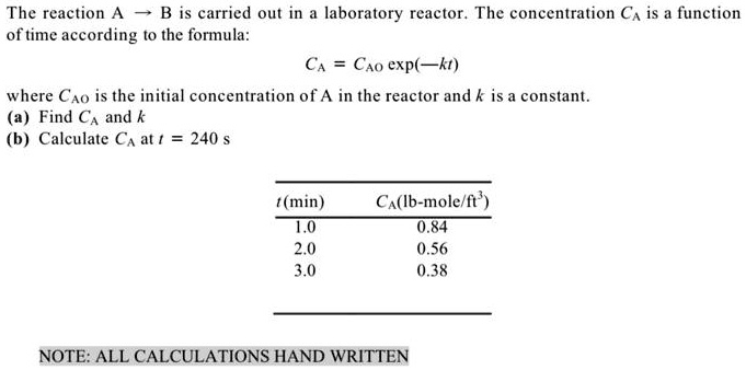 The reaction A - B is carried out in a laboratory reactor. The ...