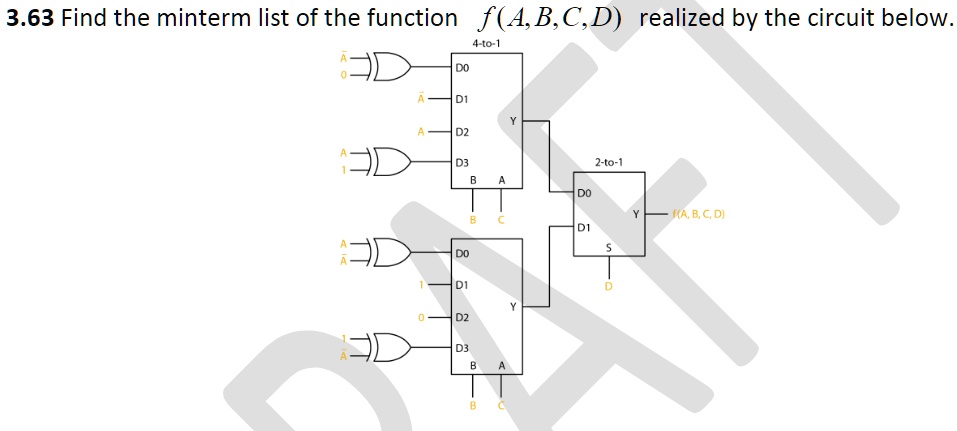 3.63 Find the minterm list of the function f(A, B, C, D) realized by the circuit below.