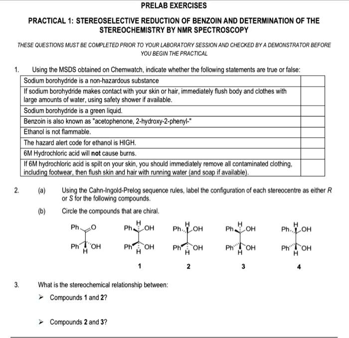 SOLVED PRELAB EXERCISES PRACTICAL 1 STEREOSELECTIVE REDUCTION OF BENZOIN AND DETERMINATION OF