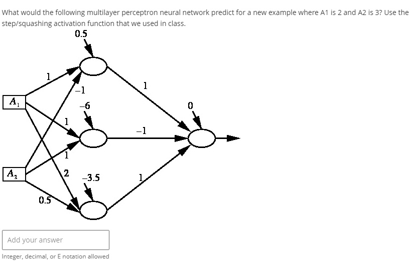 what would the following multilayer perceptron neural network predict for a new example where a1 is 2 and a2 is 3 use the stepsquashing activation function that we used in class 05 1 a1 a2 97003