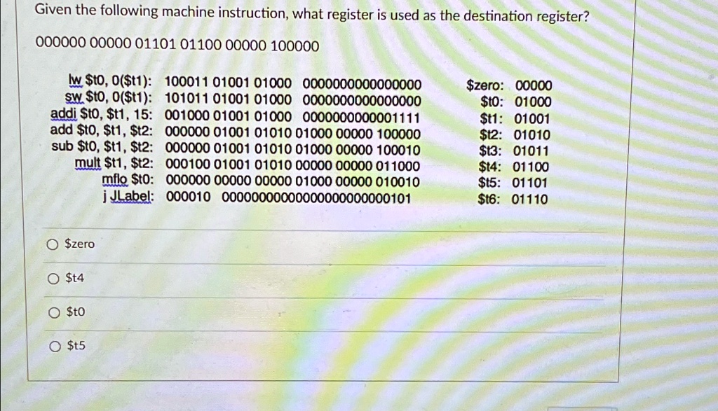 given the following machine instruction what register is used as the destination register zero t4 to t5 given the following machine instruction what register is used as the destination regis 15315